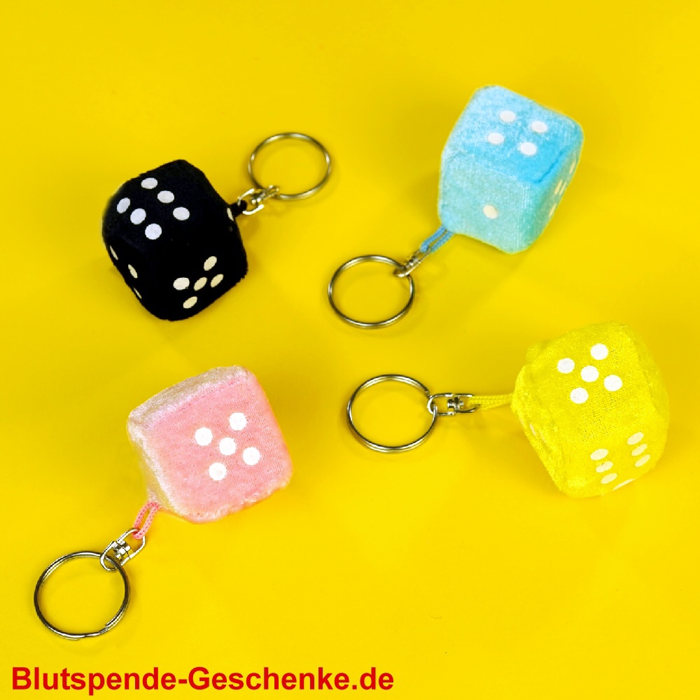 Blutspendegeschenk Pl&uuml;schw&uuml;rfel-Schl&uuml;sselanh&auml;nger